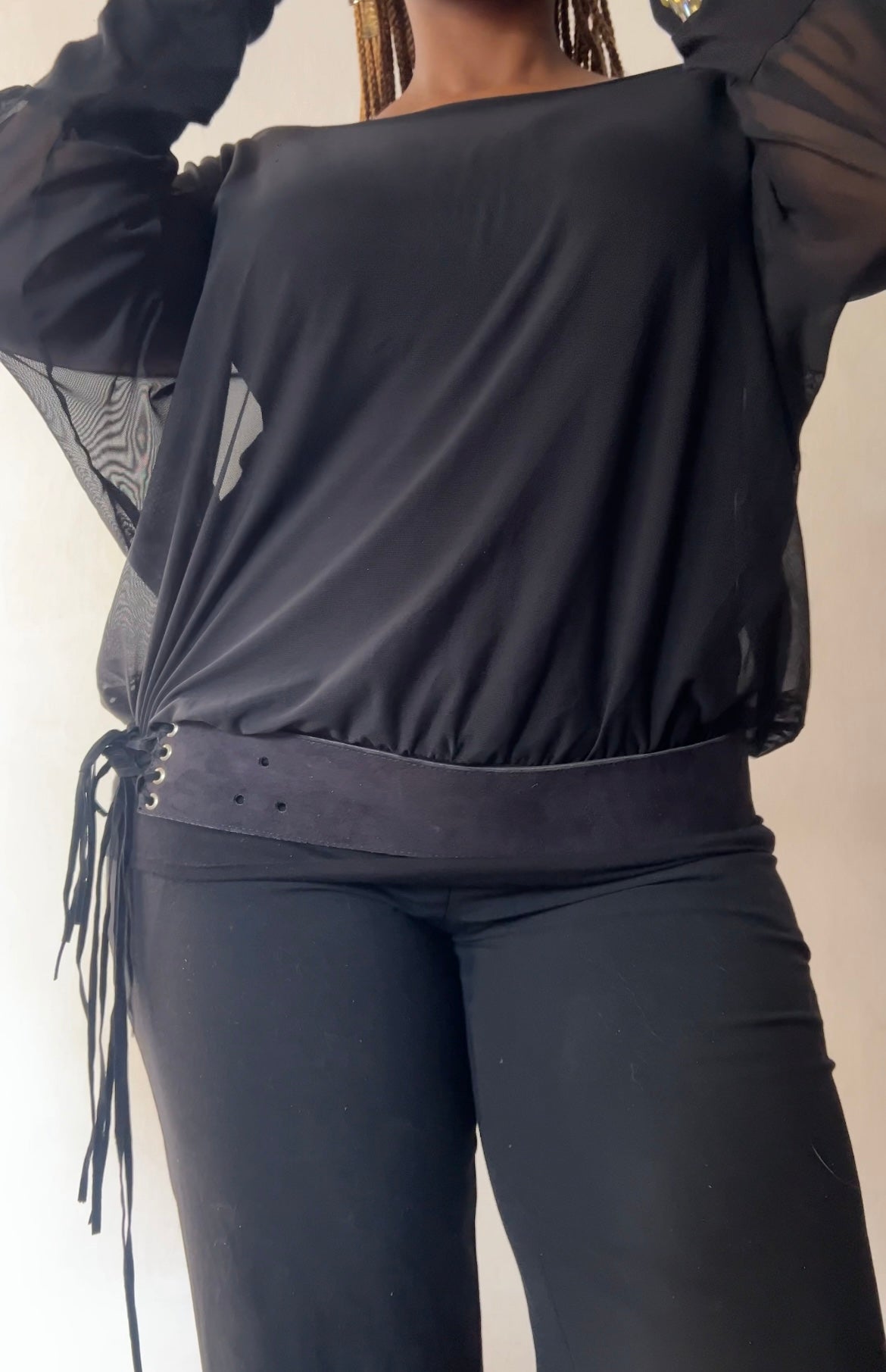 Black wide fitted suede fringe belt