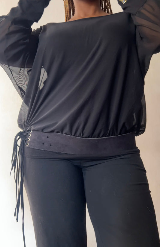 Black wide fitted suede fringe belt