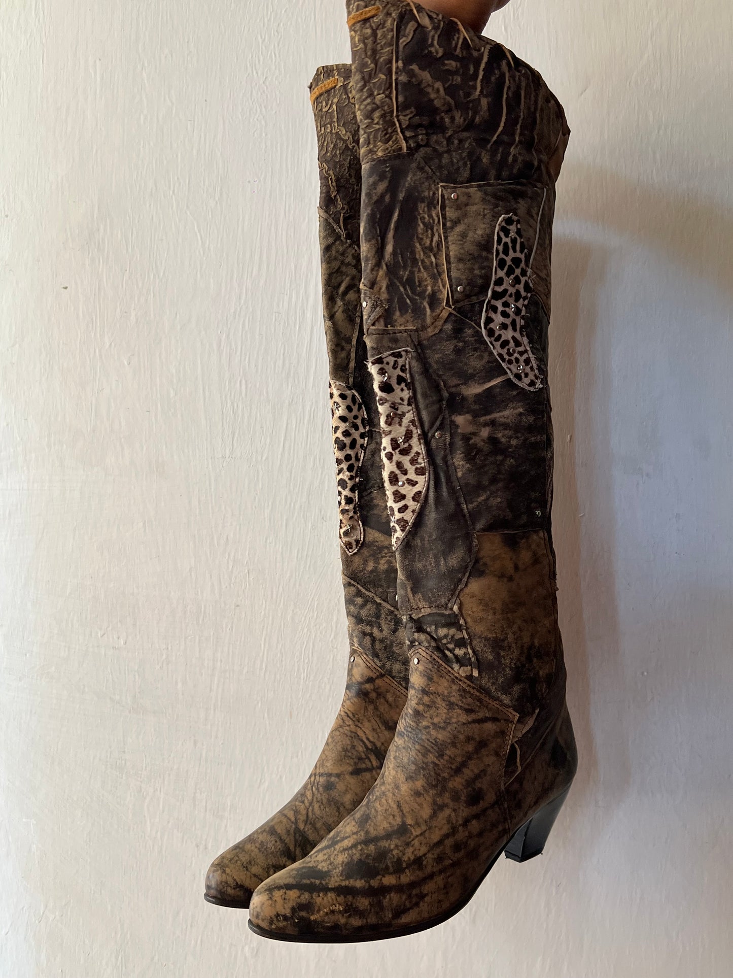 Thigh high animal print patch work boots