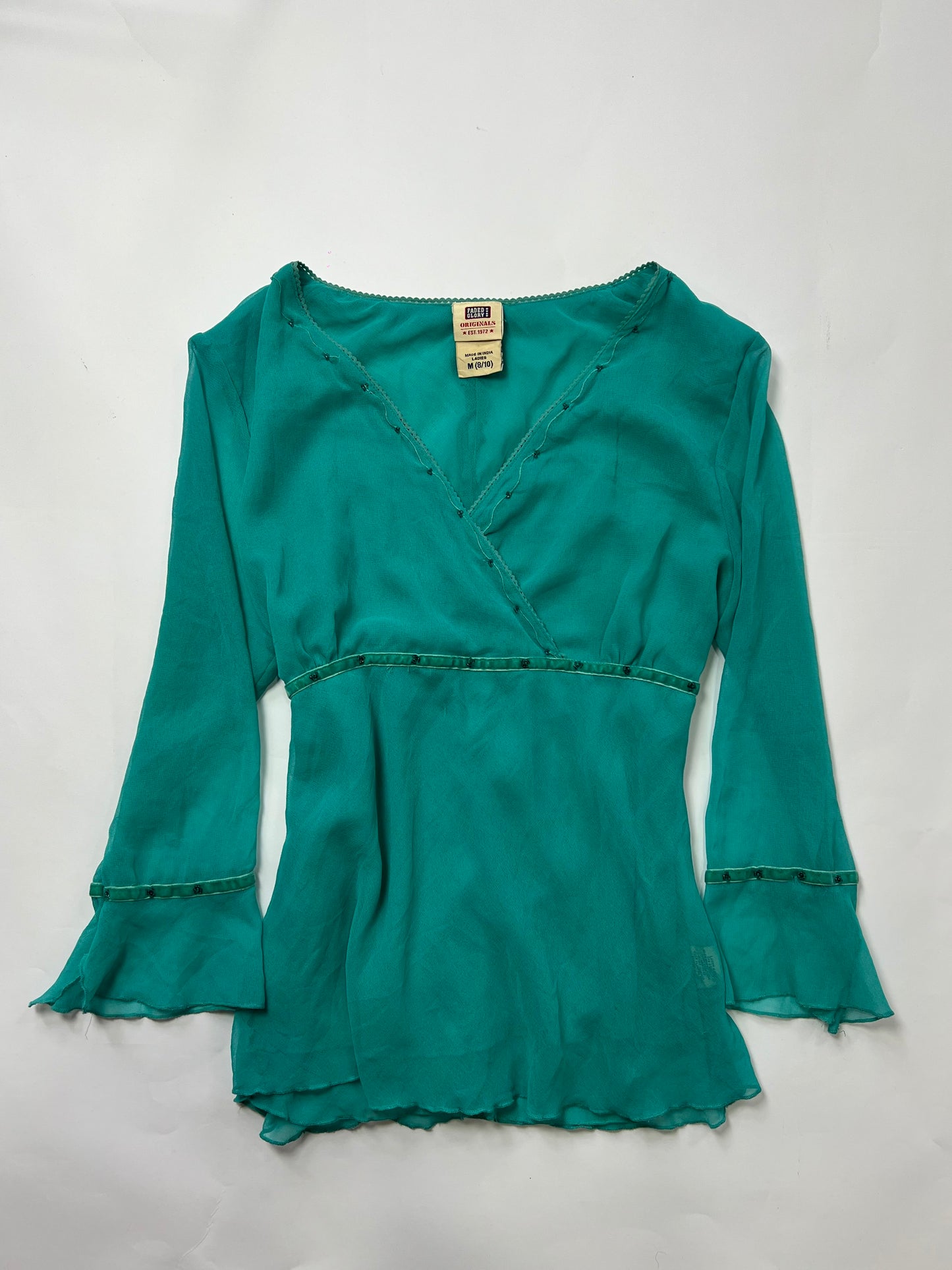 Sheer Beaded Bell Sleeve Blouse