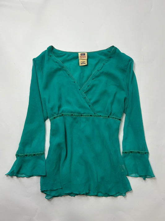 Sheer Beaded Bell Sleeve Blouse