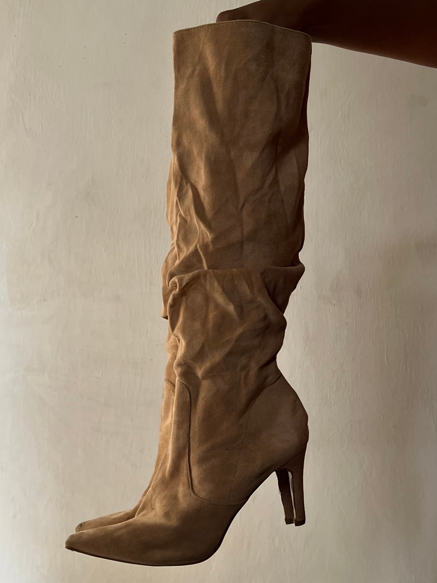 Beige suede ruched boots