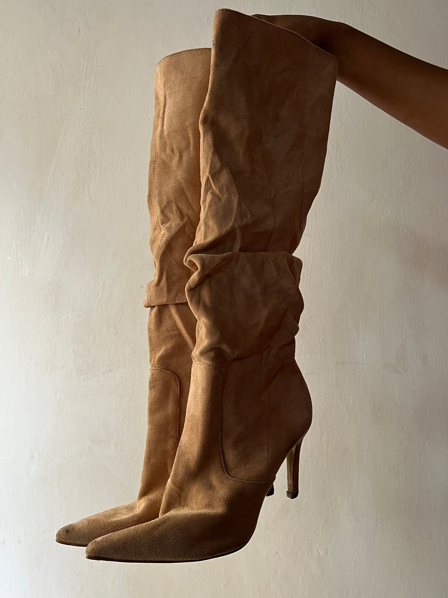 Beige suede ruched boots