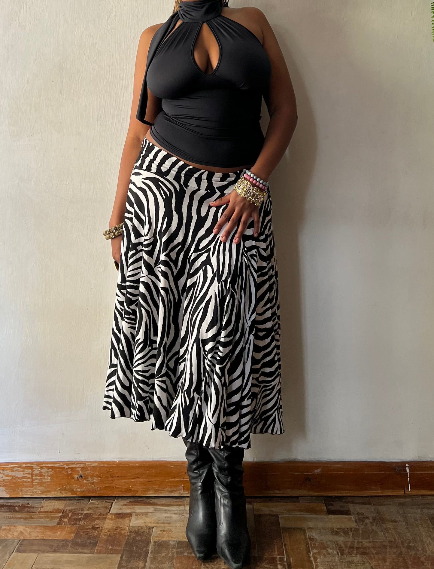 Zebra Print Slinky Midi Skirt