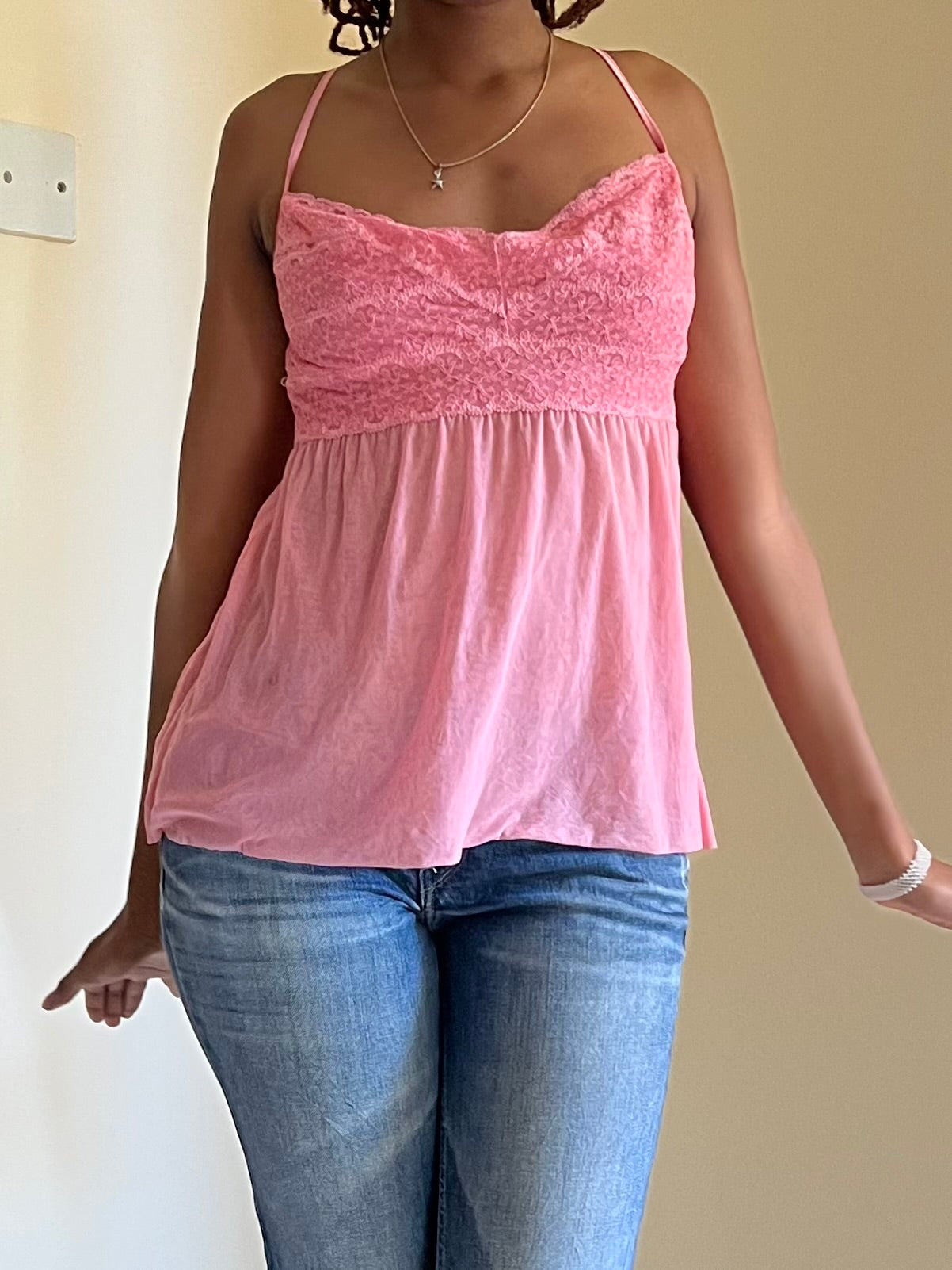 Pink lace trim cami top