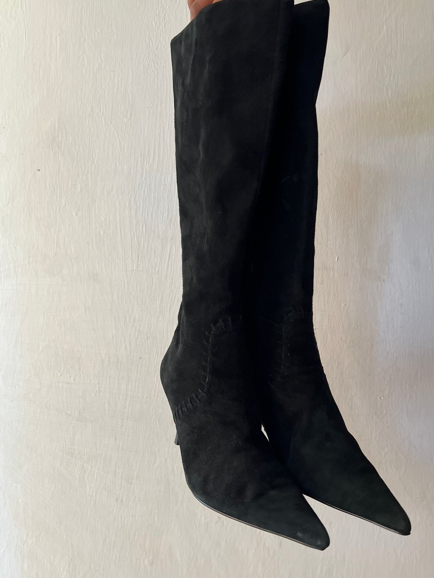 Black pointy toe knee high boots