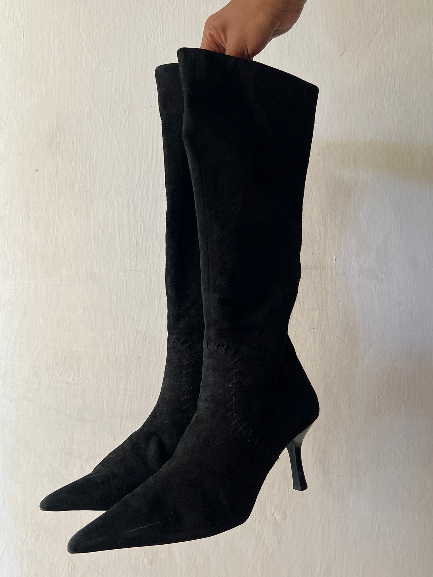 Black pointy toe knee high boots