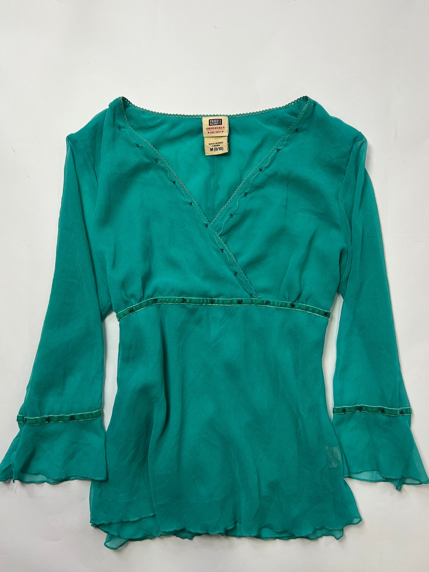 Sheer Beaded Bell Sleeve Blouse