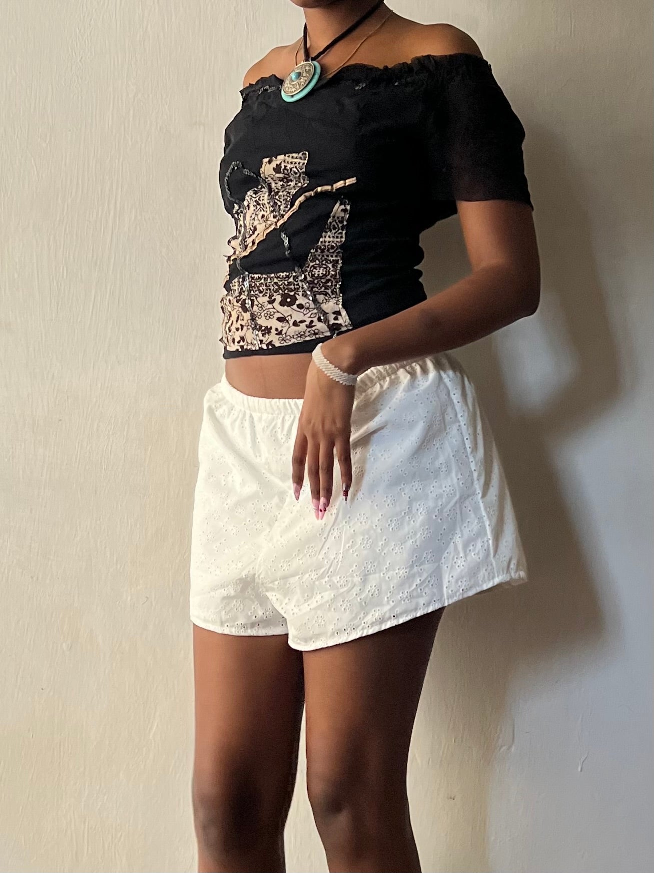 Off the shoulder mesh graphic tee
