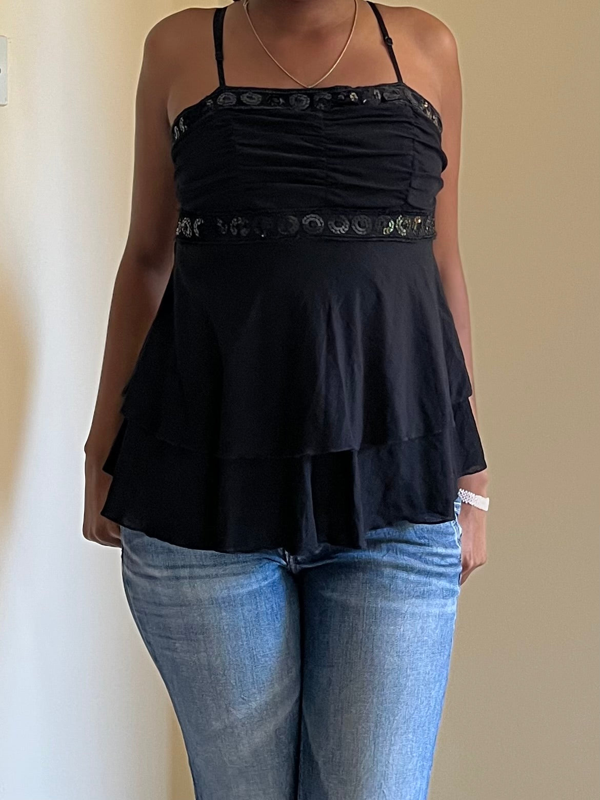 Tiered sequined baby doll cami top