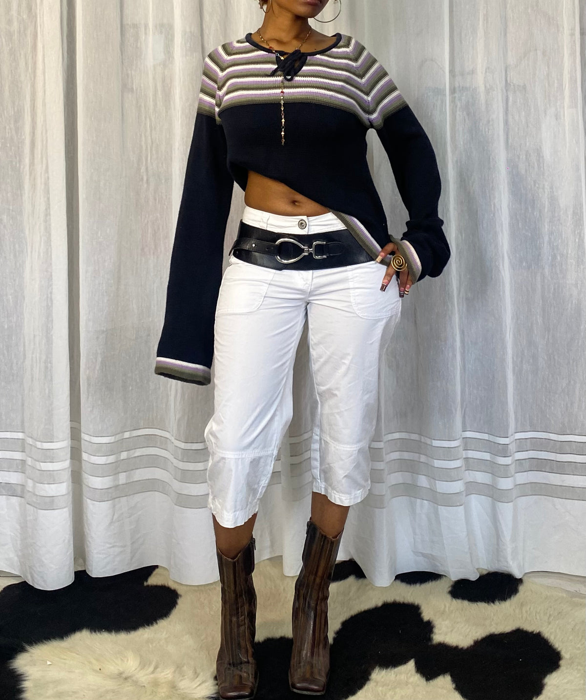 Striped Knit Tie-Neck Top