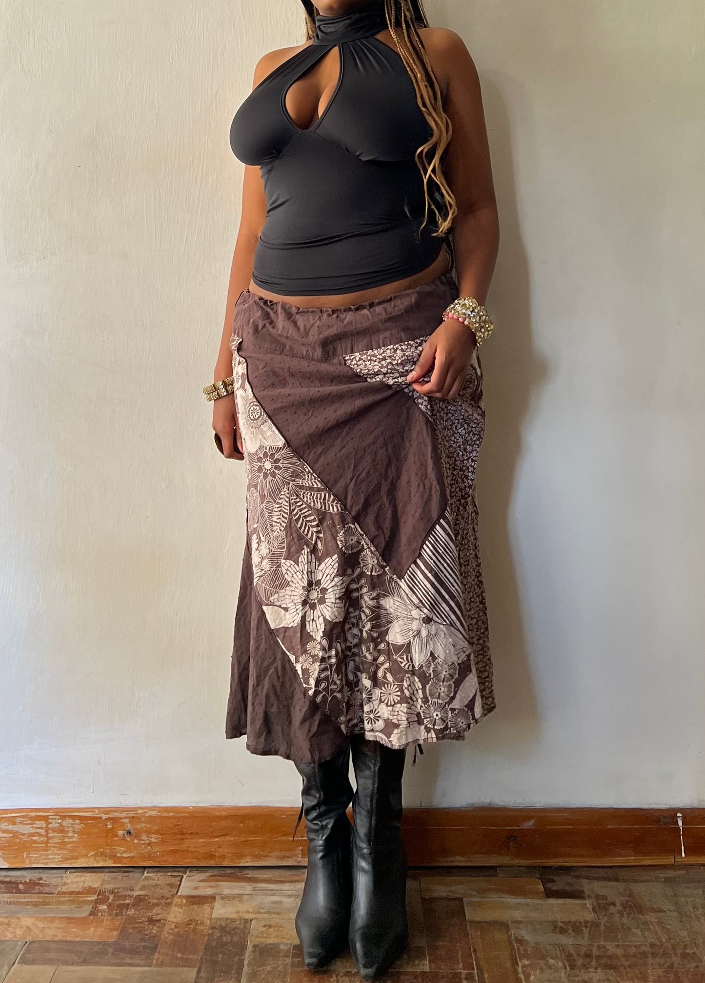 Earthy patchwork maxi skirt