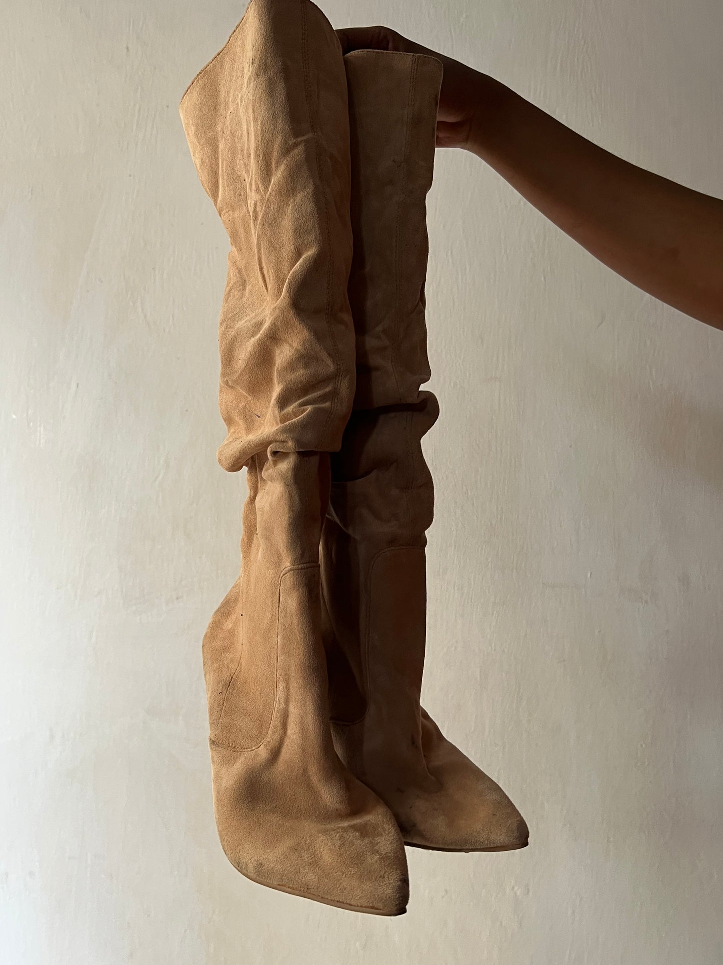 Beige suede ruched boots
