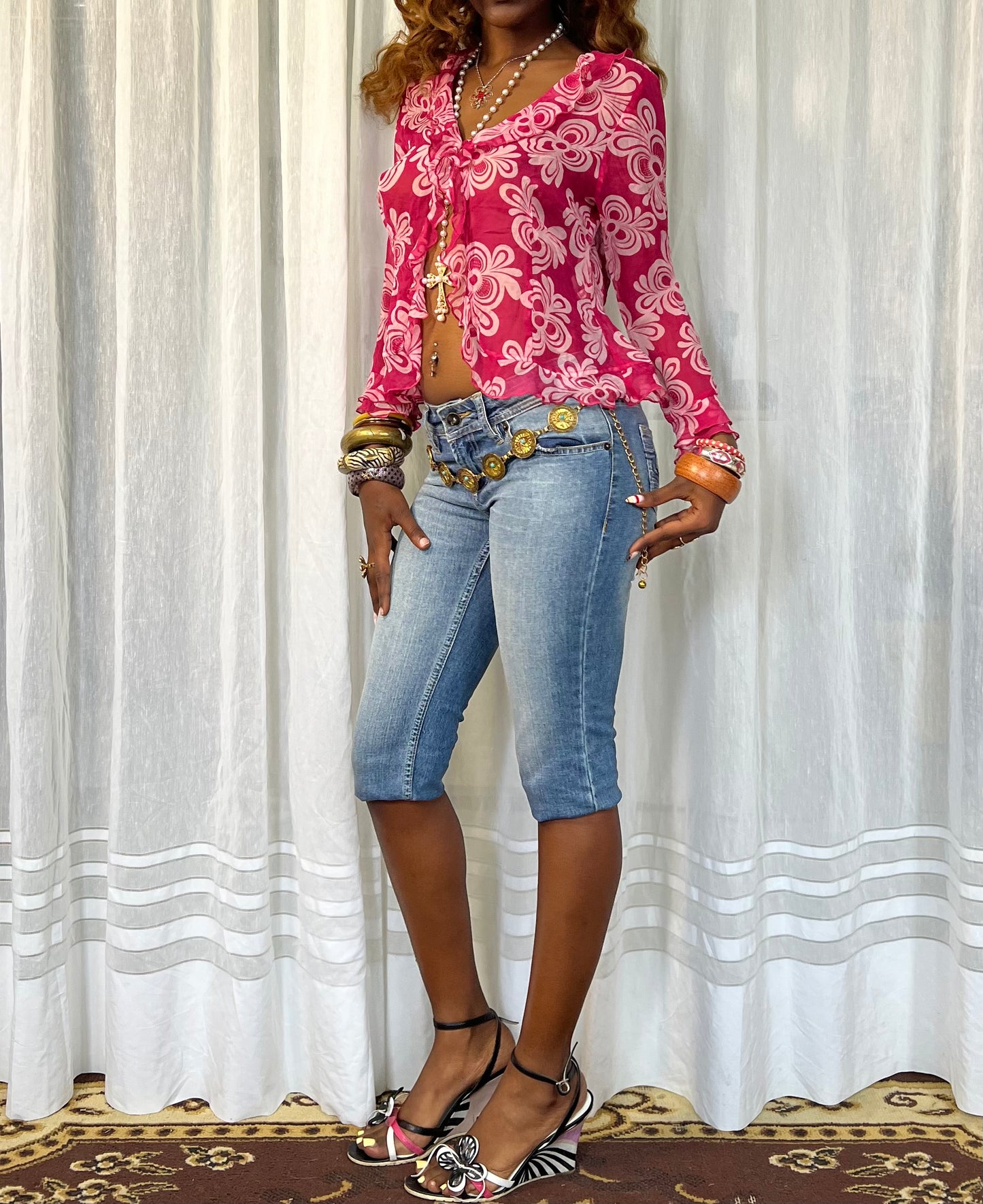 Y2K Floral Chiffon Button-Down Top